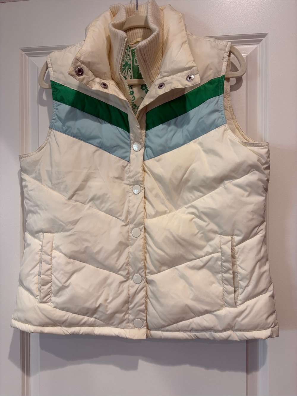 Old Navy Vintage Cream Puffer Vest with Green and Light Blue Chevron, L